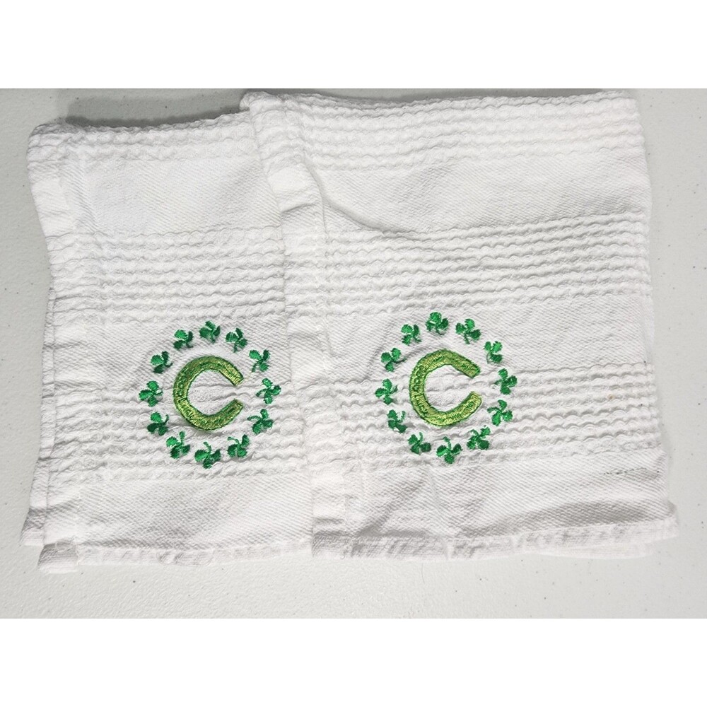 2 Embroidered Green Lucky Horseshoe Shamrock White Cotton Towels Dish Cloth